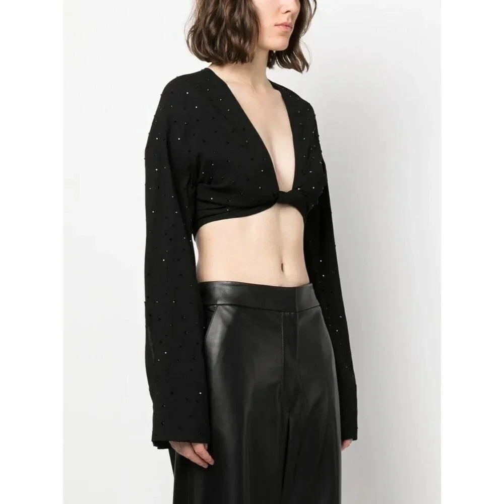 Blumarine Hot Fix Crystal Long Sleeve Crop Top in Nero Black 38 2 Womens Cropped